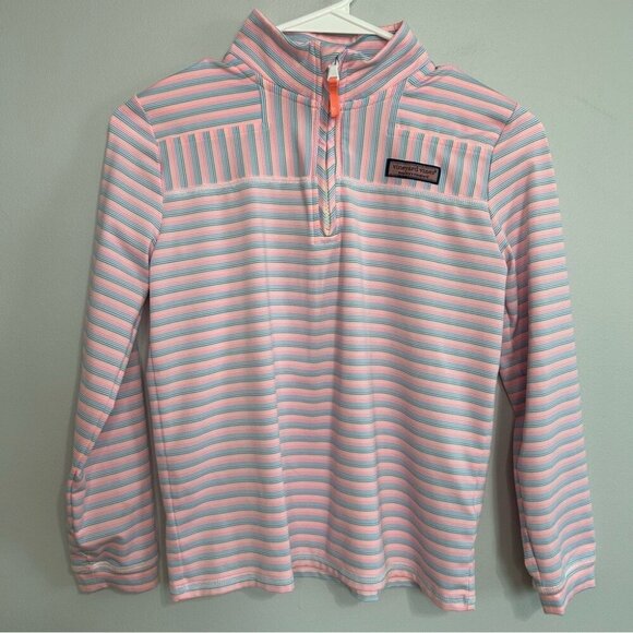 Vineyard Vines Girls Performance Sankaty Shep Pink Blue Striped Shirt Size 10/12 - Picture 2 of 6